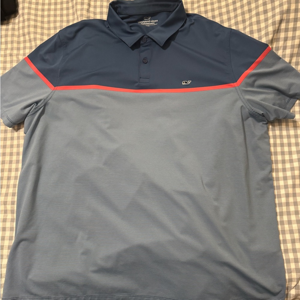 Vineyard Vines Two-Tone Blue Polo with Red Stripe